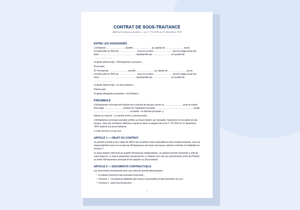 Modèle de contrat de sous-traitance BTP au format Word