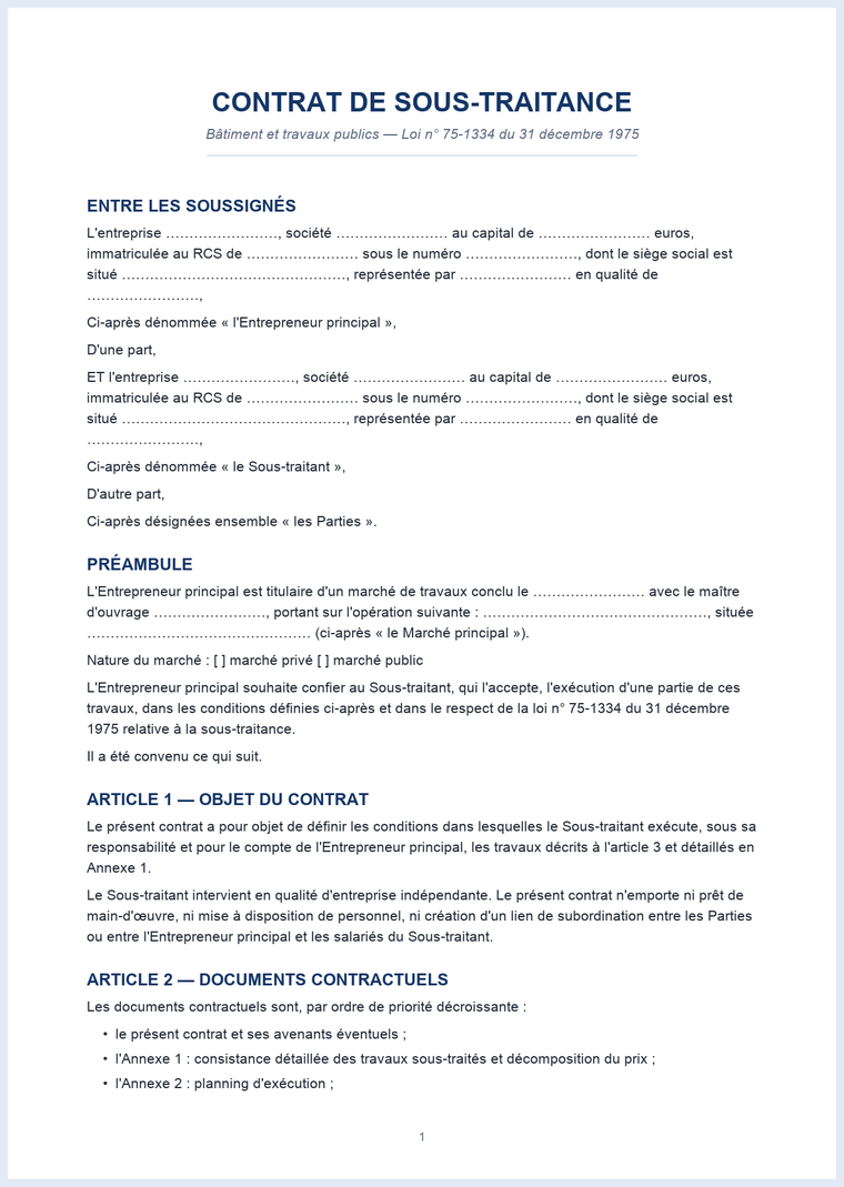 Contrat de sous-traitance BTP : parties, préambule et objet