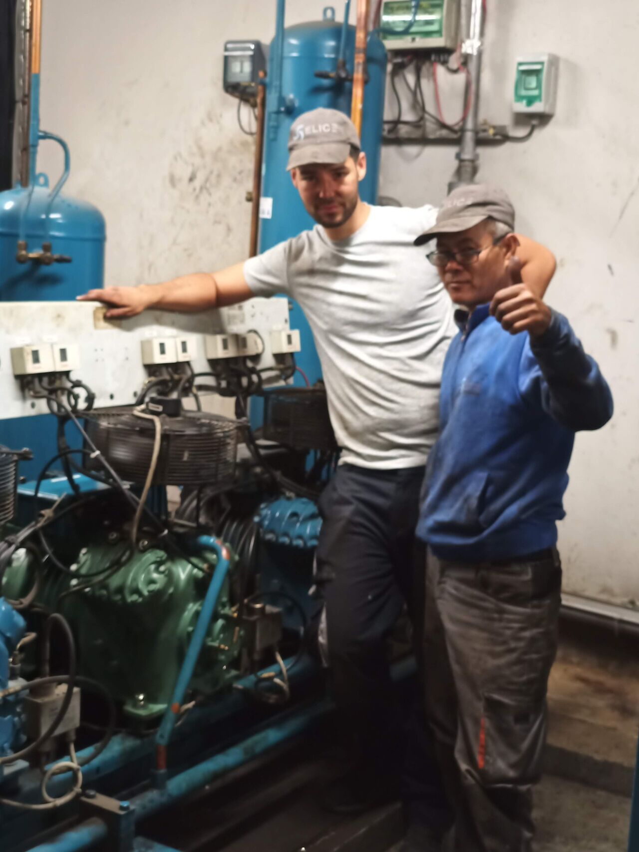 Deux techniciens en intervention sur des compresseurs de froid commercial